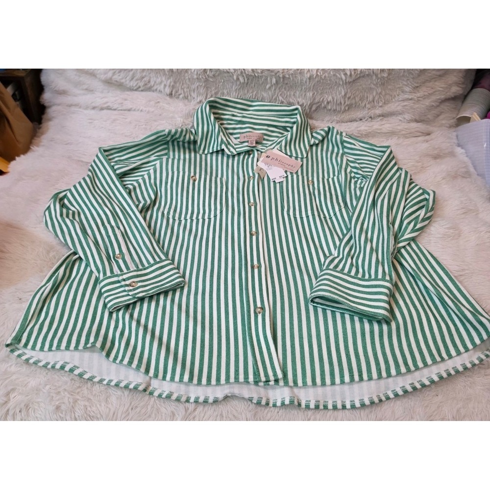 Philosophy Woman NWT Green White Striped Button Down Blouse Plus Size 2X